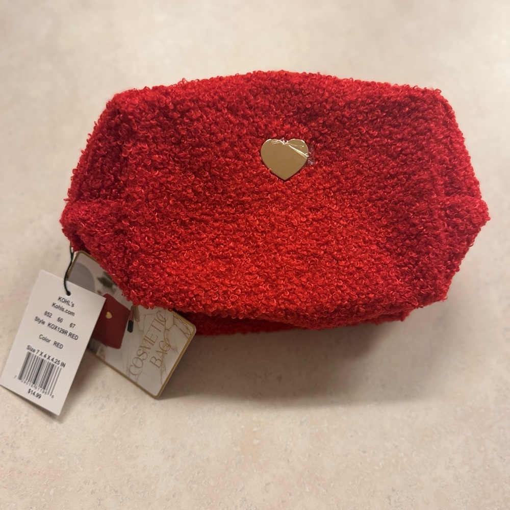 New With Tags Kohl's Red and Gold Cosmetic Bag with Heart Detail